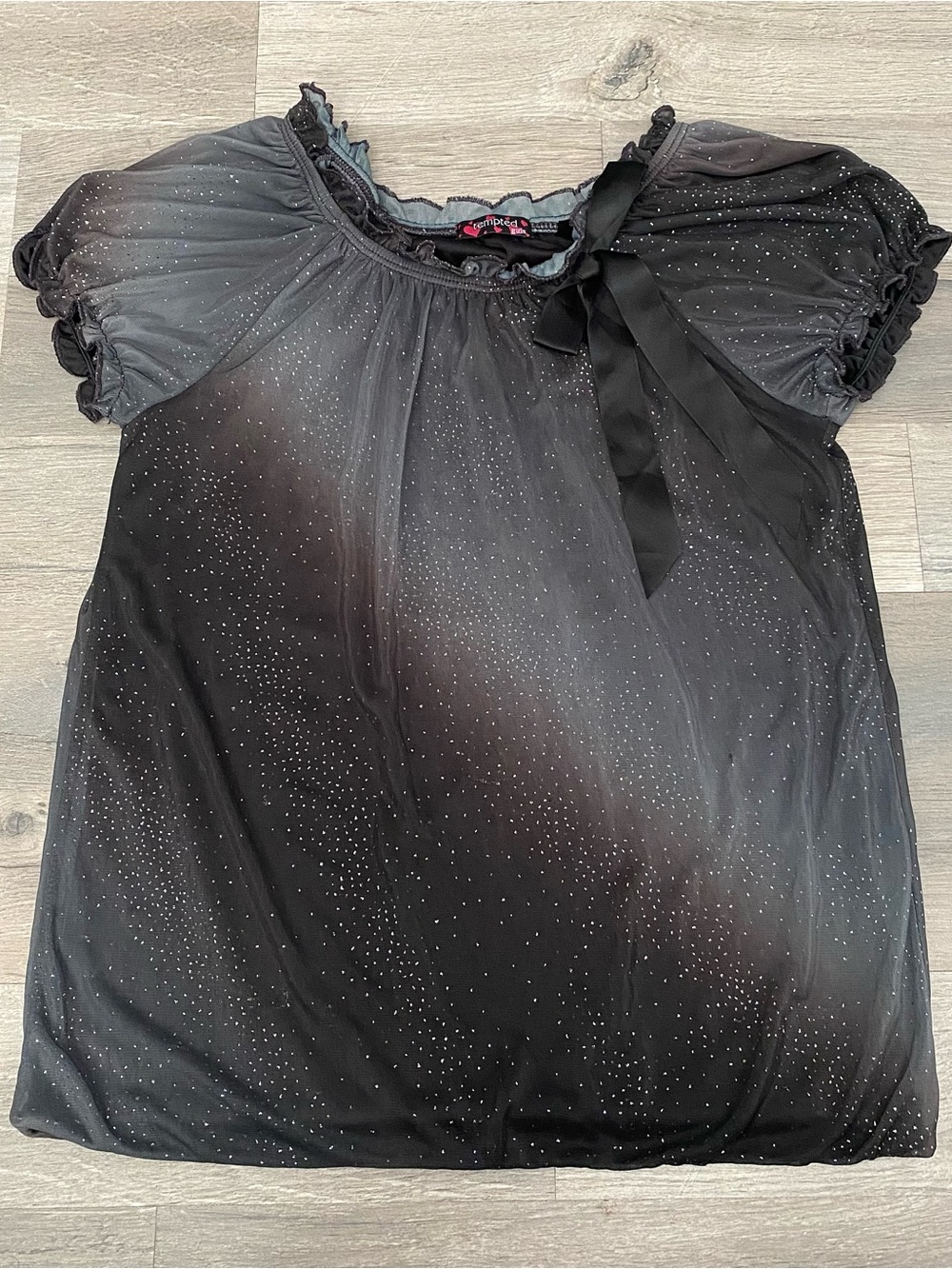 Vintage Y2K Tempted Black Glitter Mesh Bow Ribbon Short Sleeve Coquette Goth Top